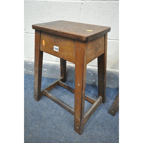 1448 - A PAIR OF EARLY 20TH CENTURY OAK LABORATORY STOOLS, height 51cm (condition - surface marks, screw ho... 