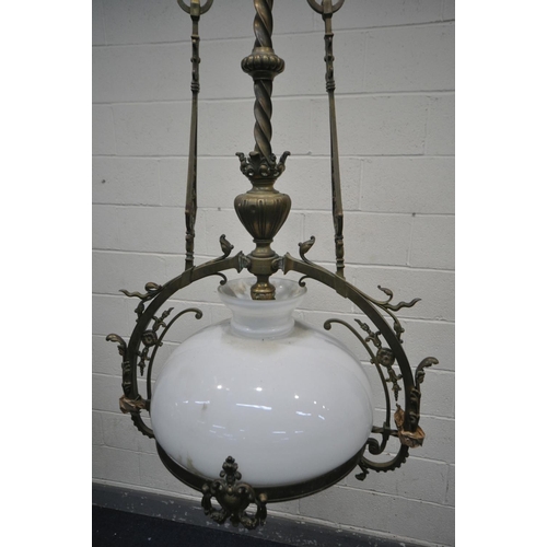 1454 - AN EARLY 20TH CENTURY FRENCH BRASS CHANDELIER, with a white shade, diameter 62cm x drop 110cm (condi... 