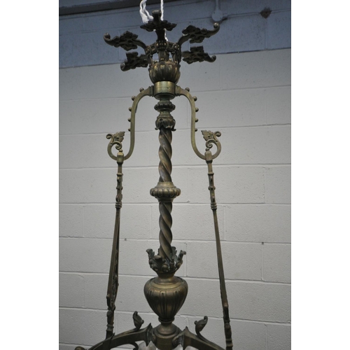 1454 - AN EARLY 20TH CENTURY FRENCH BRASS CHANDELIER, with a white shade, diameter 62cm x drop 110cm (condi... 