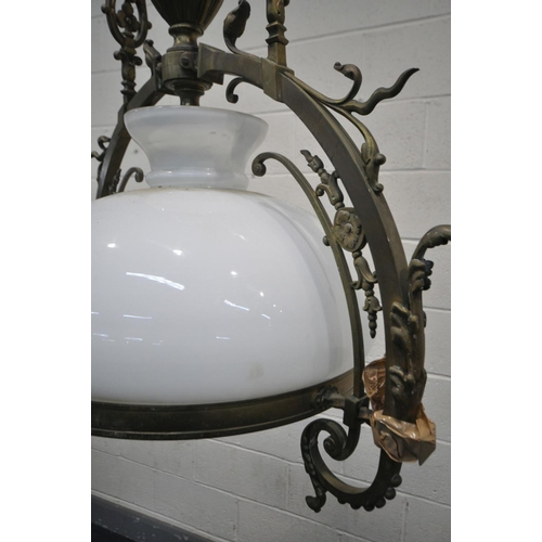 1454 - AN EARLY 20TH CENTURY FRENCH BRASS CHANDELIER, with a white shade, diameter 62cm x drop 110cm (condi... 