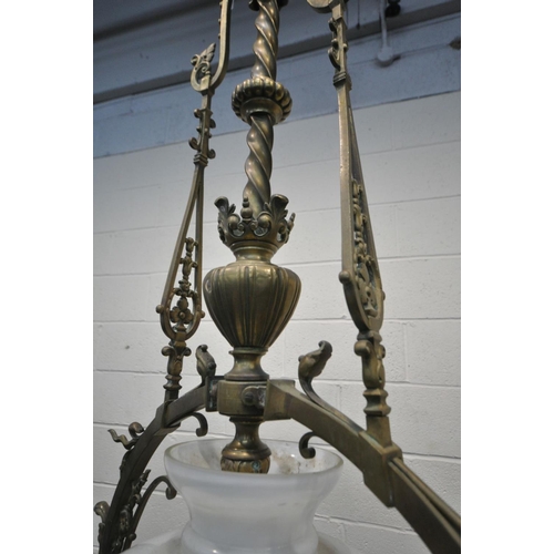 1454 - AN EARLY 20TH CENTURY FRENCH BRASS CHANDELIER, with a white shade, diameter 62cm x drop 110cm (condi... 