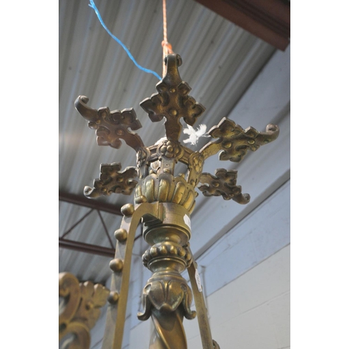 1454 - AN EARLY 20TH CENTURY FRENCH BRASS CHANDELIER, with a white shade, diameter 62cm x drop 110cm (condi... 