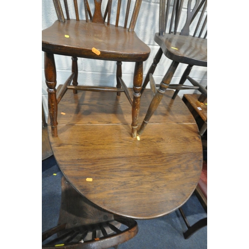 1467 - AN OAK GATE LEG TABLE, four matched elm/oak spindle back chairs, an Art Deco gate leg table, and two... 