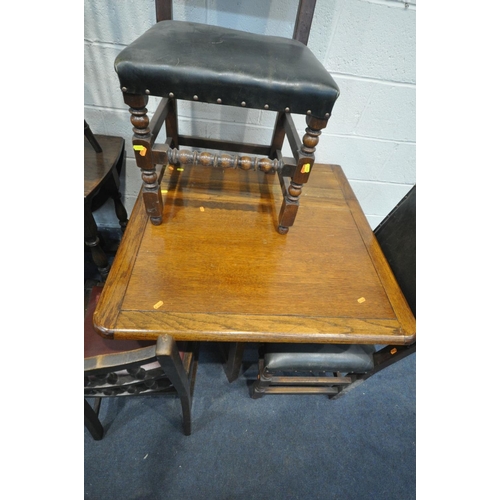 1467 - AN OAK GATE LEG TABLE, four matched elm/oak spindle back chairs, an Art Deco gate leg table, and two... 