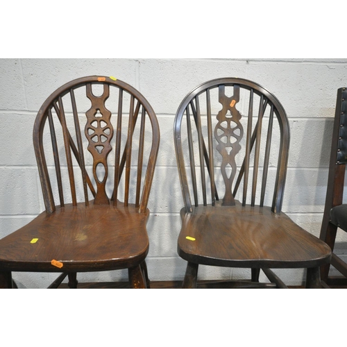 1467 - AN OAK GATE LEG TABLE, four matched elm/oak spindle back chairs, an Art Deco gate leg table, and two... 