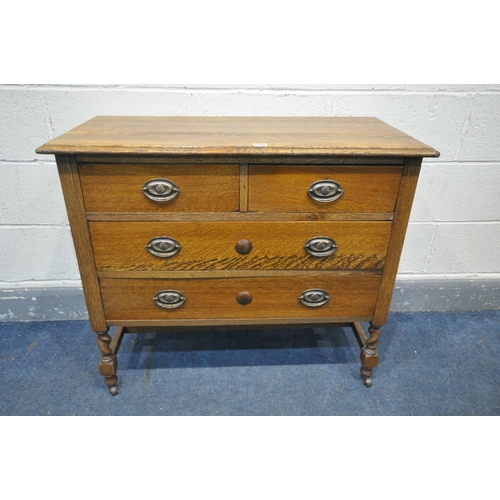 1468 - AN EARLY 20TH CENTURY OAK CHEST OF FOUR DRAWERS, on barley twist legs and casters, width 91cm x dept... 