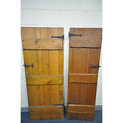 1469 - TWO SIZED OAK SLATTED INTERIOR COTTAGE DOOR, with iron handles and hinges, 75.5cm x 194cm & 59.5cm x... 