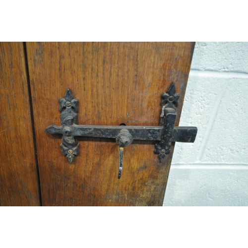 1469 - TWO SIZED OAK SLATTED INTERIOR COTTAGE DOOR, with iron handles and hinges, 75.5cm x 194cm & 59.5cm x... 