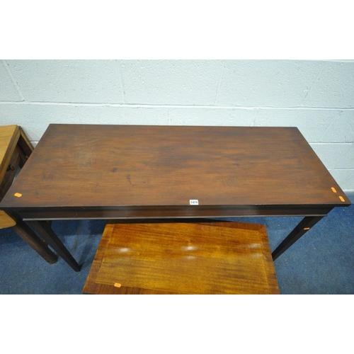 1474 - A MAHOGANY RECTANGULAR SIDE TABLE, on square tapering legs, width 130cm x depth 51cm x height 74cm, ... 