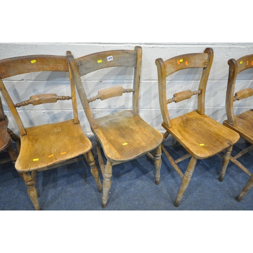 1475 - A HARLEQUIN SET OF SEVEN VICTORIAN OXFORD BAR BACK KITCHEN CHAIRS, with elm seats, comprising a matc... 