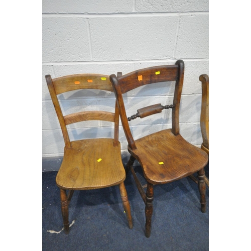 1475 - A HARLEQUIN SET OF SEVEN VICTORIAN OXFORD BAR BACK KITCHEN CHAIRS, with elm seats, comprising a matc... 