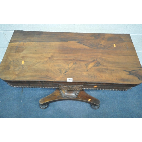 1476 - A GEORGE IIII ROSEWOOD FOLD OVER CARD TABLE, with green baize playing surface, supported by a flared... 