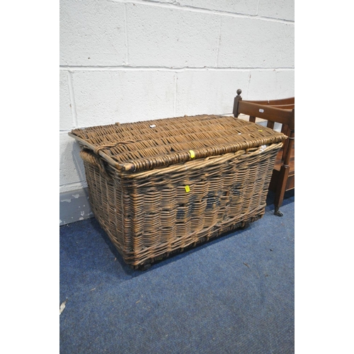 1479 - A RECTANGULAR WICKER BASKET, with two handles and JRS on the front, width 69cm x depth 59cm x height... 