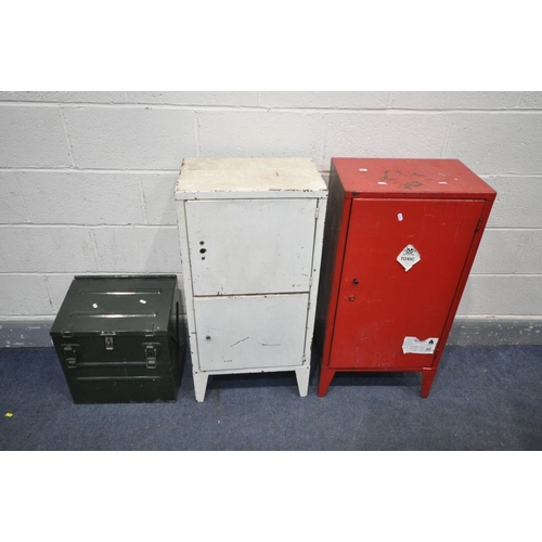 1480 - A RED PAINTED METAL SINGLE DOOR CHEMICAL CABINET, width 67cm x depth 31cm x height 92cm, a white pai... 