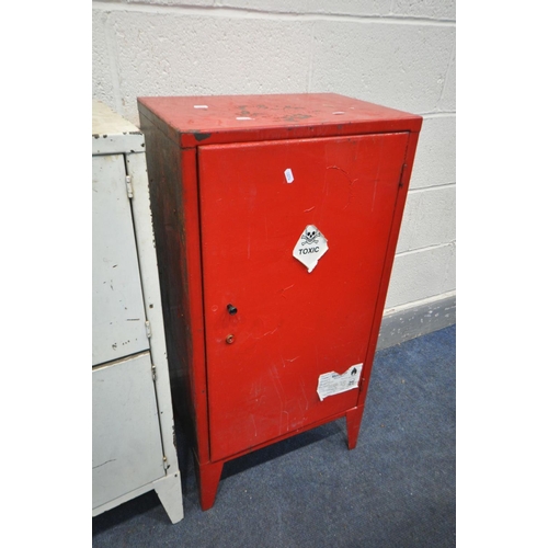 1480 - A RED PAINTED METAL SINGLE DOOR CHEMICAL CABINET, width 67cm x depth 31cm x height 92cm, a white pai... 