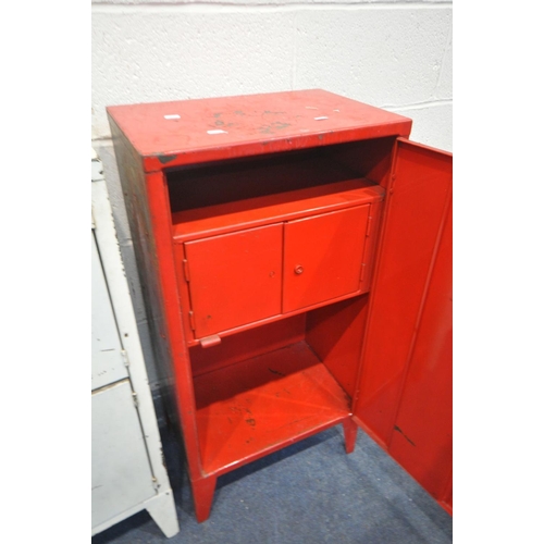 1480 - A RED PAINTED METAL SINGLE DOOR CHEMICAL CABINET, width 67cm x depth 31cm x height 92cm, a white pai... 