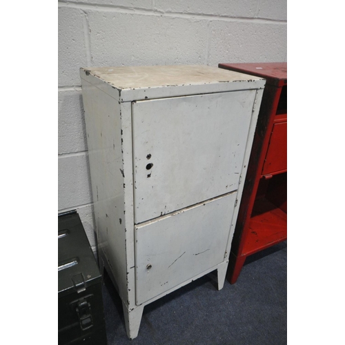 1480 - A RED PAINTED METAL SINGLE DOOR CHEMICAL CABINET, width 67cm x depth 31cm x height 92cm, a white pai... 