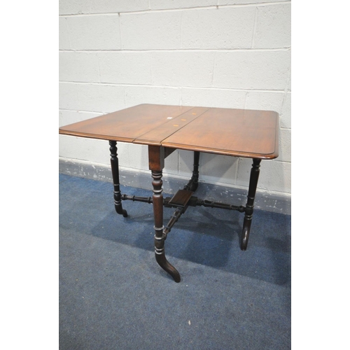 1481 - AN EDWARDIAN MAHOGANY SUTHERLAND TABLE, on turned splayed legs, united by turned stretchers, open wi... 