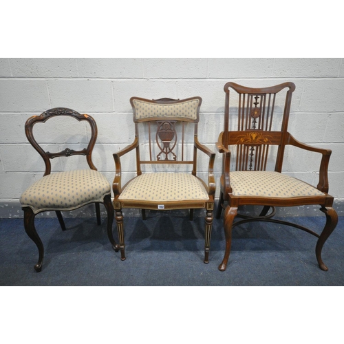 1482 - A 20TH CENTURY MAHOGANY, ROSEWOOD AND STRING INLAID OPEN ARMCHAIR, the back with square spindles sur... 