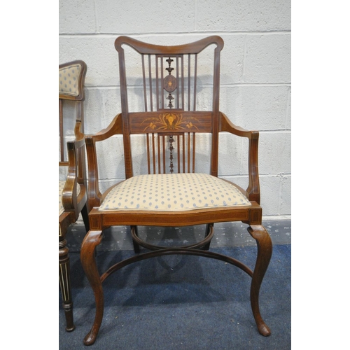 1482 - A 20TH CENTURY MAHOGANY, ROSEWOOD AND STRING INLAID OPEN ARMCHAIR, the back with square spindles sur... 