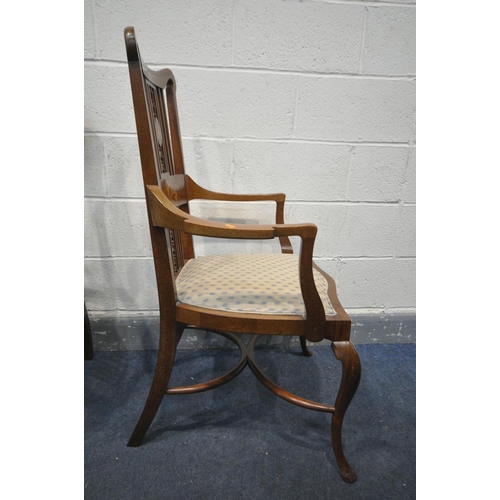 1482 - A 20TH CENTURY MAHOGANY, ROSEWOOD AND STRING INLAID OPEN ARMCHAIR, the back with square spindles sur... 