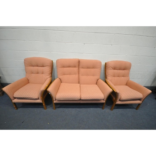 1483 - A PARKER KNOLL ASH FRAMED THREE PIECE SUITE, comprising a two seater sofa, length 126cm and two armc... 