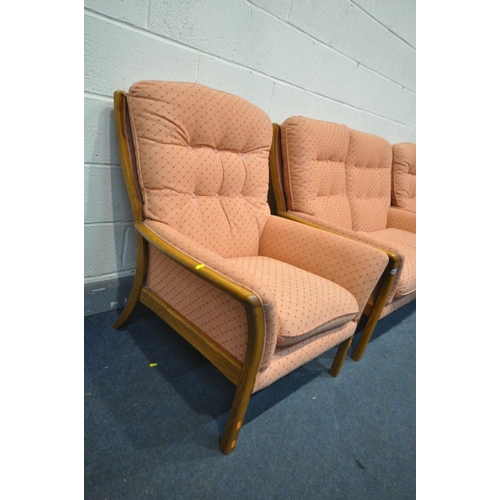 1483 - A PARKER KNOLL ASH FRAMED THREE PIECE SUITE, comprising a two seater sofa, length 126cm and two armc... 