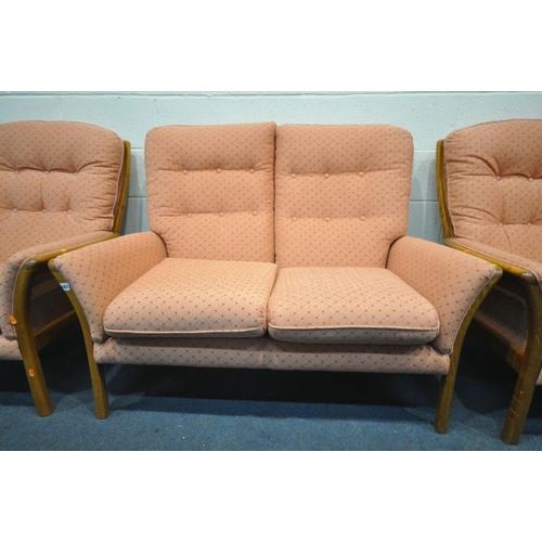 1483 - A PARKER KNOLL ASH FRAMED THREE PIECE SUITE, comprising a two seater sofa, length 126cm and two armc... 