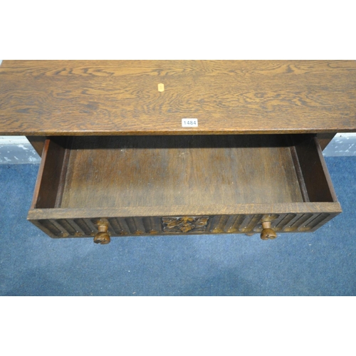 1484 - AN OAK SIDE TABLE, with a single frieze drawer, on turned legs, united by an undershelf, width 84cm ... 