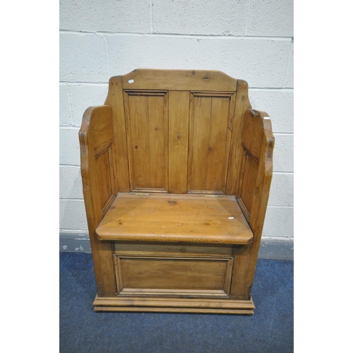 1487 - A BESPOKE PINE HALL SETTLE, constructed from 19th century doors, with a hinged lid, width 79cm x dep... 