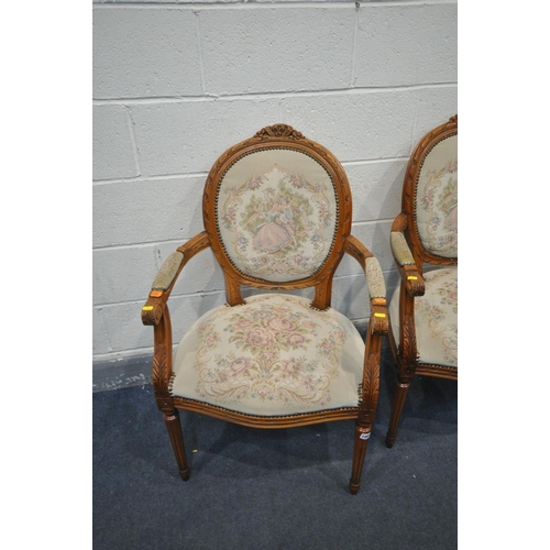 1490 - A PAIR OF FRENCH STYLE OPEN ARMCHAIRS, with an oval back and needlework upholstery (good condition)