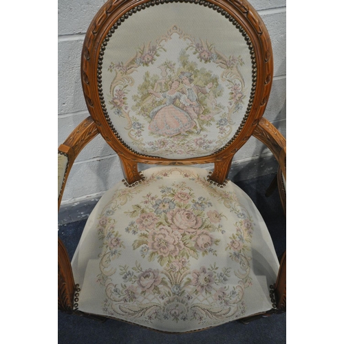 1490 - A PAIR OF FRENCH STYLE OPEN ARMCHAIRS, with an oval back and needlework upholstery (good condition)