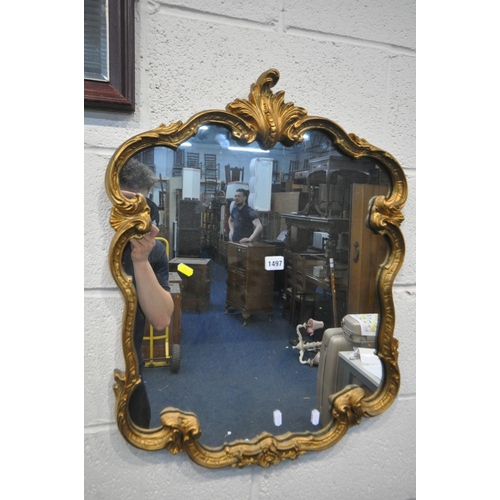 1498 - FOUR VARIOUS WALL MIRRORS, to include a foliate framed bevel edge mirror, 106 x 76cm, a gilt framed ... 