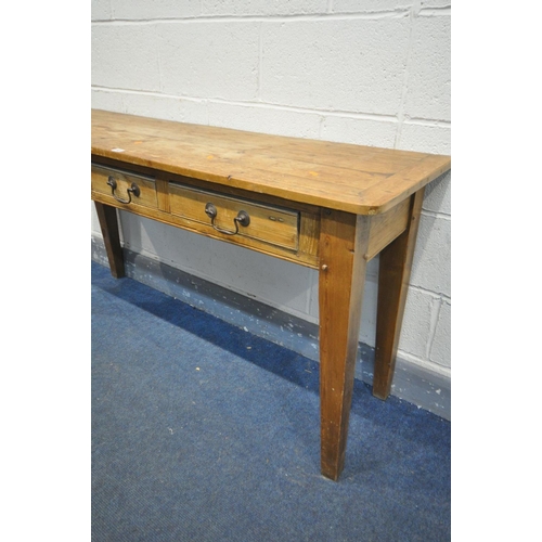 1501 - A 19TH CENTURY PINE SIDE TABLE with three drawers, on square tapered legs, length 152cm x depth 46cm... 