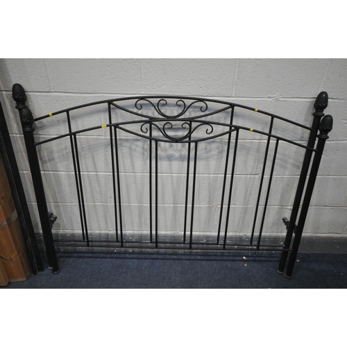 1507 - A WROUGHT IRON 5FT BEDSTEAD, with irons and pine slats