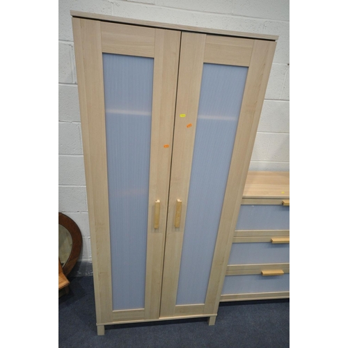 1511 - A MODERN BEECH BEDROOM SUITE, comprising two double door wardrobes, width 81cm x depth 51cm x height... 