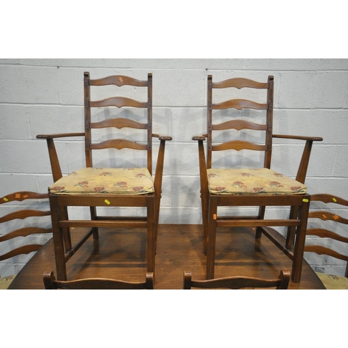 1517 - AN ERCOL ELM TRESTLE TABLE, length 154cm x depth 85cm x height 72cm, and six chairs including two ca... 