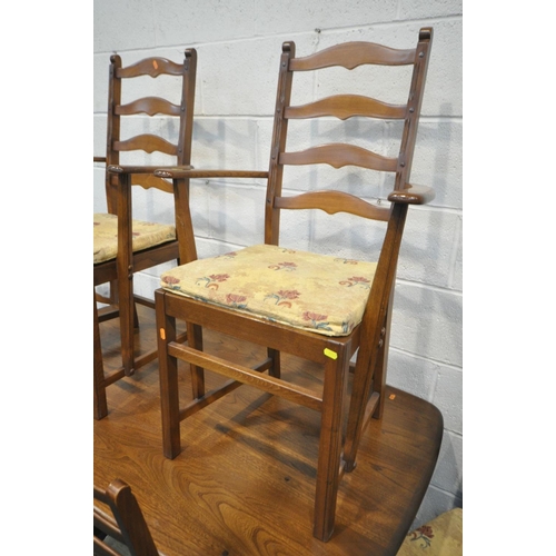 1517 - AN ERCOL ELM TRESTLE TABLE, length 154cm x depth 85cm x height 72cm, and six chairs including two ca... 