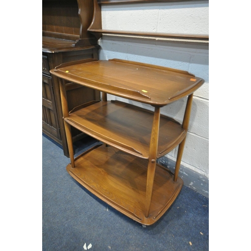 1518 - AN ERCOL GOLDEN DAWN TEA TROLLEY, on casters, width 72cm x depth 47cm x height 77cm, along with an E... 