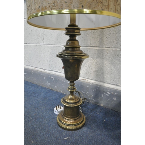 1521 - A LATE 20TH CENTURY BRASSED TABLE LAMP, with a large cylindrical cork effect shade, height to top of... 