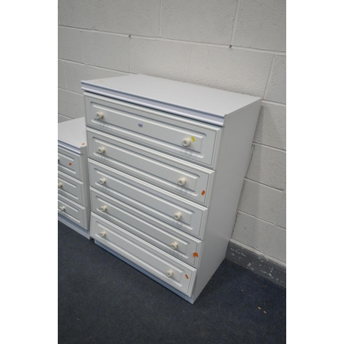 1523 - A WHITE CHEST OF FIVE LONG DRAWERS, width 79cm x depth 47cm x height 109cm (condition:-bottom drawer... 