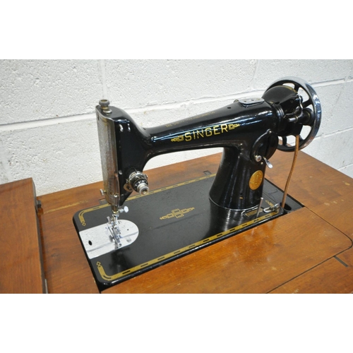 1524 - A VINTAGE SINGER TREDLE SEWING MACHINE, width 87cm x depth 42cm x height 74cm