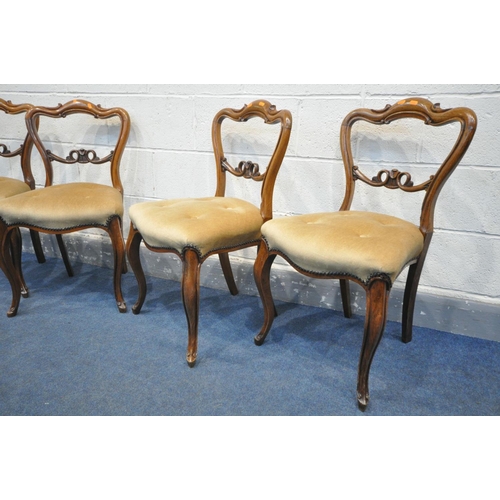 1529 - A SET OF FOUR VICTORIAN ROSEWOOD DINING CHAIRS, with scrolled and single bar back, with gold upholst... 