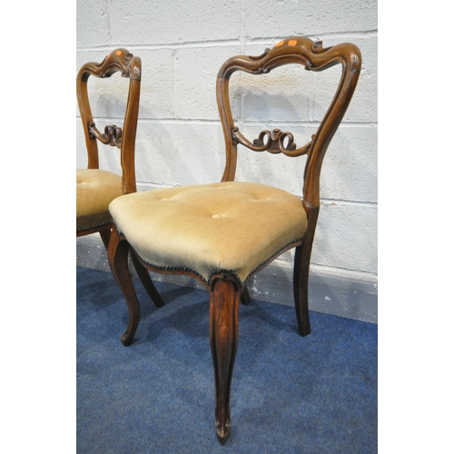 1529 - A SET OF FOUR VICTORIAN ROSEWOOD DINING CHAIRS, with scrolled and single bar back, with gold upholst... 