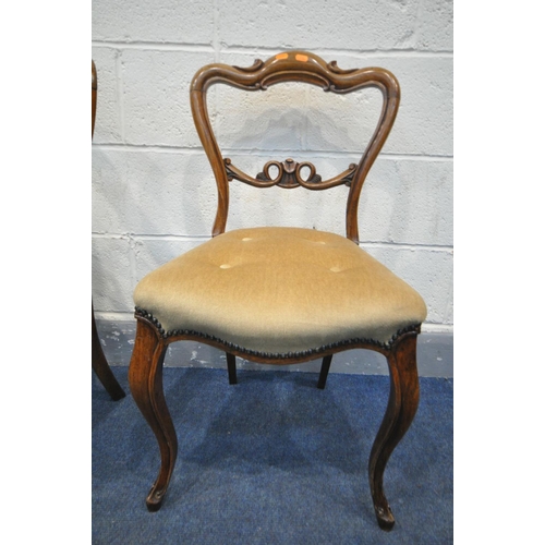 1529 - A SET OF FOUR VICTORIAN ROSEWOOD DINING CHAIRS, with scrolled and single bar back, with gold upholst... 