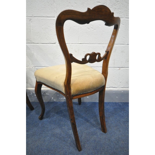 1529 - A SET OF FOUR VICTORIAN ROSEWOOD DINING CHAIRS, with scrolled and single bar back, with gold upholst... 