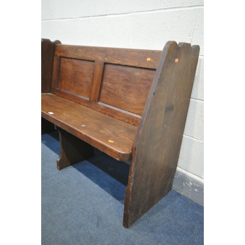 1532 - A 20TH CENTURY PITCH PINE PEW, with a double panelled back, length 137cm (good condition)