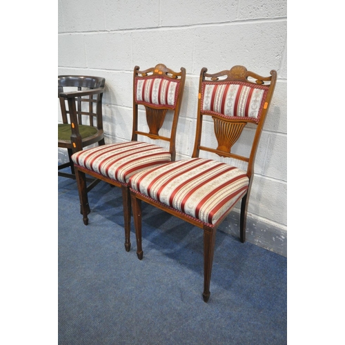 1534 - A PAIR OF 19TH CENTURY ROSEWOOD AND INLAID DINING CHAIRS, along with a 20th century oak bow top armc... 