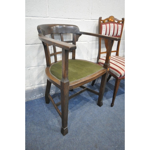 1534 - A PAIR OF 19TH CENTURY ROSEWOOD AND INLAID DINING CHAIRS, along with a 20th century oak bow top armc... 