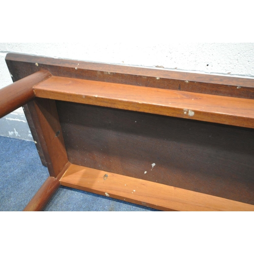 1536 - A 1960'S LONG RECTANGULAR DANISH STYLE SOLID MAHOGANY TOP COFFEE TABLE, on a teak base with tapered ... 